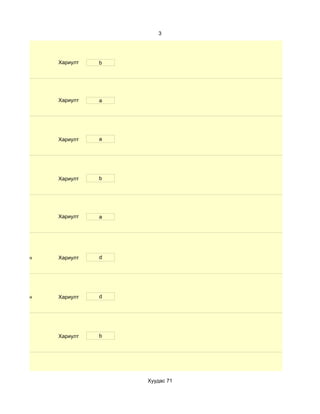 3




              Хариулт   b




              Хариулт   a




              Хариулт   a




              Хариулт   b




              Хариулт   a




d. Маш сайн   Хариулт   d




d. Маш сайн   Хариулт   d




              Хариулт   b




                            Хуудас 71
 