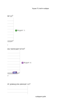 Хуудас 73, tsahim sudalgaa




аяртай явдаг уу?




                     Асуулт 3:




  c.
             d


мар зан чамд таалагддаггүй вэ?




                            Асуулт 6:




        d. Даруу
игнол




чинь чамайг урамшуулан дэмждэг үү?




                                             sudalgaanii grafik

                                        Асуулт 9:
 