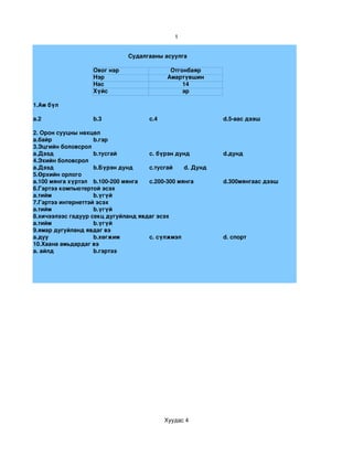 1


                                Cудалгааны асуулга

                    Овог нэр                  Отгонбаяр
                    Нэр                      Амартүвшин
                    Нас                           14
                    Хүйс                          эр

1.Ам бүл

a.2                 b.3                c.4                    d.5­аас дээш

2. Орон сууцны нөхцөл
a.байр              b.гэр
3.Эцгийн боловсрол
a.Дээд              b.тусгай         c. бүрэн дунд            d.дунд
4.Эхийн боловсрол
a.Дээд              b.Бүрэн дунд     c.тусгай       d. Дунд
5.Өрхийн орлого
a.100 мянга хүртэл b.100­200 мянга   c.200­300 мянга          d.300мянгаас дээш
6.Гэртээ компьютертой эсэх
a.тийм              b.үгүй
7.Гэртээ интернеттэй эсэх
a.тийм              b.үгүй
8.хичээлээс гадуур секц дугуйланд явдаг эсэх
a.тийм              b.үгүй
9.ямар дугуйланд явдаг вэ
a.дуу               b.хөгжим         c. сүлжмэл               d. спорт
10.Хаана амьдардаг вэ
a. айлд             b.гэртээ




                                             Хуудас 4
 