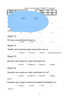 Хуудас 5, tsahimsudalgaa­110608014111­phpapp02

  Овог       Сүхбаатар                          Нас               11
  Нэр        Дэлгэрсүрэн                        Хүйс              эм
Асуулт 1:
Доорх нүүрний аль танай багштай төстэй санагдаж байна вэ?
                  a.               b.            с.                d.

Асуулт 2:
Чи багшийнхаа нүүр царайг ямар байгаасай гэж хүсдэг вэ?
                  a.               b.            с.                d.

Асуулт 3:
Чи сургуульдаа баяртай явдаг уу?
                a. Тийм          b. Үгүй             c.            d

Асуулт 4:
Чамайг гэртээ дэвтрээ мартчихвал багш чинь яах вэ?
              a.  Загнана      b. Уучилна      c. Инээнэ
                                                      d.Хүүхдээс дэвтэр туслуулна.

Асуулт 5:

Багшийн чинь ямар зан чамд таалагддаг вэ?
              a. Уурлах      b. Инээмсэглэх   c. Хошигнол       d. Даруу

Асуулт 6:

Багшийн чинь ямар зан чамд таалагддаггүй  вэ?
              a. Уурлах      b. Инээмсэглэх   c. Хошигнол       d. Даруу

Асуулт 7:

Багшийн чинь заадаг хичээлүүд сонирхолтой байдаг уу?
               a. Хааяа          b. Тийм        c. Үгүй           d. 

 Асуулт 8:


                                                 2
 