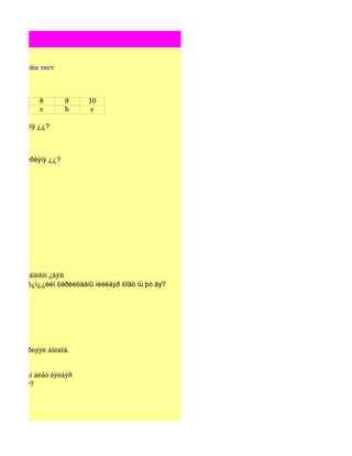 тематикийн тест



             8       9     10
             c       b      c

èéã íýðëýíý ¿¿?



ëëàãûã íýðëýíý ¿¿?




óóðèí áèé áîëñîí ¿åýñ
¿ðýýíäýõ õ¿ì¿¿èéí õàðèëöààíû íèéëáýð öîãö íü þó âý?




ì¿¿ñèéí õ¿ðòýýë áîëäîã.


õàéí ñî¸ëûí áèåò õýëáýð
 àëü íü âý?
 