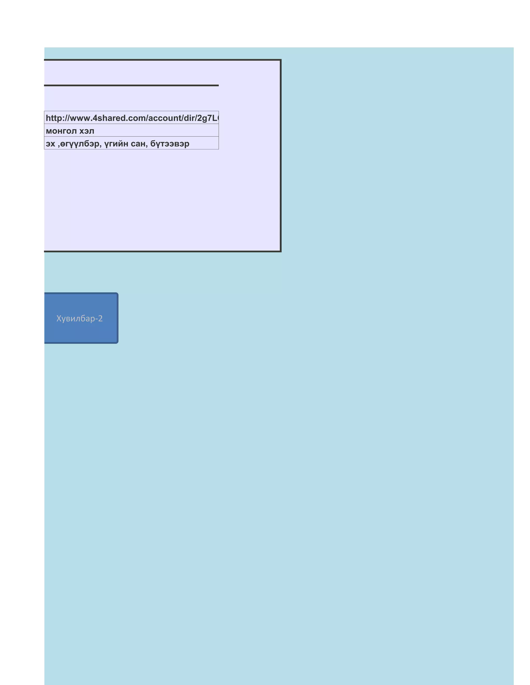 СТ



     http://www.4shared.com/account/dir/2g7LO_o5/_online.html?rnd=49
     монгол хэл
     эх ,өгүүлбэр, үгийн сан, бүтээвэр




       Хувилбар-2
 