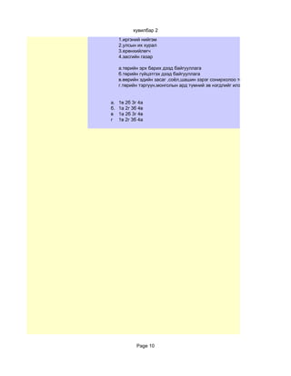 хувилбар 2
     1.иргэний нийгэм
     2.улсын их хурал
     3.ерөнхийлөгч
     4.засгийн газар

     а.төрийн эрх барих дээд байгууллага
     б.төрийн гүйцэтгэх дээд байгууллага
     в.өөрийн эдийн засаг ,соёл,шашин зэрэг сонирхолоо төрийн үйл ажиллагааны
     г.төрийн тэргүүн,монголын ард түмний эв нэгдлийг илэрхийлэгч


а.   1в 2б 3г 4а
б.   1а 2г 3б 4в
в    1а 2б 3г 4в
г    1в 2г 3б 4а




             Page 10
 