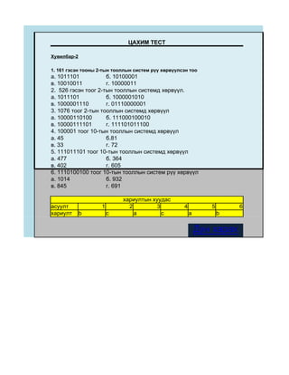 ЦАХИМ ТЕСТ

Хувилбар-2

1. 161 гэсэн тооны 2-тын тооллын систем рүү хөрвүүлсэн тоо
а. 1011101           б. 10100001
в. 10010011          г. 10000011
2. 526 гэсэн тоог 2-тын тооллын системд хөрвүүл.
а. 1011101           б. 1000001010
в. 1000001110        г. 01110000001
3. 1076 тоог 2-тын тооллын системд хөрвүүл
а. 10000110100       б. 111000100010
в. 10000111101       г. 111101011100
4. 100001 тоог 10-тын тооллын системд хөрвүүл
а. 45                б.81
в. 33                г. 72
5. 111011101 тоог 10-тын тооллын системд хөрвүүл
а. 477               б. 364
в. 402               г. 605
6. 1110100100 тоог 10-тын тооллын систем рүү хөрвүүл
а. 1014              б. 932
в. 845               г. 691

                            хариултын хуудас
асуулт              1         2        3            4          5        6
хариулт      b          c       a        c              a          b

                                                            Дүн харах
 