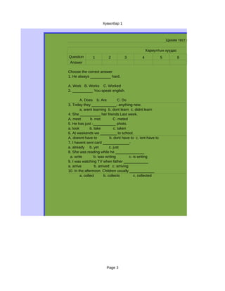 Хувилбар 1



                                                                    Цахим тест хувилбар 1

                                                      Хариултын хуудас
Question        1          2          3           4             5         6
 Answer

Choose the correct answer
1. He always __________ hard.

A. Work B. Works C. Worked
2. __________ You speak english.

        A. Does b. Are              C. Do
3. Today they ____________- anything new.
        a. arent learning b. dont learn c. didnt learn
4. She __________ her friends Last week.
A. meet         b. met           C. meted
5. He has just -___________ photo.
a. took        b. take           c. taken
6. At weekends we ________ to school.
A. doesnt have to             b. dont have to c. isnt have to
7. I havent sent card _____________-
a. already b. yet             c. just
8. She was reading while he ______________
 a. write         b. was writing          c. is writing
9. I was watching TV when father ____________
a. arrive          b. arrived c. arriving
10. In the afternoon. Children usually ____________
        a. collect        b. collects        c. collected




                         Page 3
 
