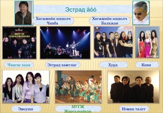 Эстрад äóó
              Хөгжмийн зохиолч         Хөгжмийн зохиолч 
                  Чинбат                   Балхжав




Чингис хаан        Эстрад хамтлаг             Хурд            Киви




                              МУГЖ  
     Эмоушн                                          Номин талст
                           Жаргалсайхан 
 