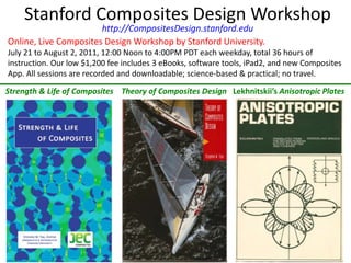 Stanford Composites Design Workshophttp://CompositesDesign.stanford.edu Online, Live Composites Design Workshop by Stanford University.  July 21 to August 2, 2011, 12:00 Noon to 4:00PM PDT each weekday, total 36 hours of instruction. Our low $1,200 fee includes 3 eBooks, software tools, iPad2, and new Composites App. All sessions are recorded and downloadable; science-based & practical; no travel.  Strength & Life of Composites    Theory of Composites Design   Lekhnitskii’s Anisotropic Plates 