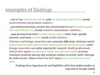 examples of findings
-   ...one or two sessions per month, wide use of journals and articles, mostly
    social scientists and graduate students...
-   ...journal-focused (many sessions but concentrated on 4 or 5 specific journal
    titles and 50% full text, mostly scientists and graduate -students)...
-   ...topic-focused (searched less often and by subject rather than -specific
    journals, used many articles, mostly social scientists...
-   Clinicians and biology researchers use e-journals differently: clinicians search
    online material (often abstracts) for educational and clinical purposes, while
    biology researchers use online material for research. Health professionals
    with an M.D. degree use abstracts rather than full-text articles to access
    treatment protocols and say they would go without an article rather than pay
    for online access. Those without the M.D. degree use e-journals even more
    often.
          Findings from SuperJournal and HighWire eJUSt (last bullet) studies as
                                                   reported in Tenopir [2003]
                                                                                    13
 