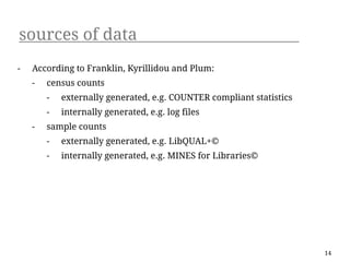 sources of data
-   According to Franklin, Kyrillidou and Plum:
    -   census counts
        -   externally generated, e.g. COUNTER compliant statistics
        -   internally generated, e.g. log files
    -   sample counts
        -   externally generated, e.g. LibQUAL+©
        -   internally generated, e.g. MINES for Libraries©




                                                                      14
 
