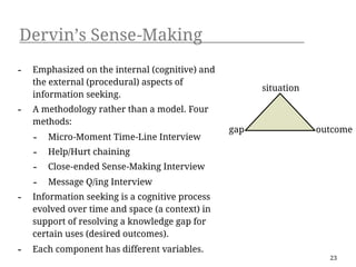 Dervin’s Sense-Making
-   Emphasized on the internal (cognitive) and
    the external (procedural) aspects of
                                                       situation
    information seeking.
-   A methodology rather than a model. Four
    methods:
                                                 gap               outcome
    -   Micro-Moment Time-Line Interview
    -   Help/Hurt chaining
    -   Close-ended Sense-Making Interview
    -   Message Q/ing Interview
-   Information seeking is a cognitive process
    evolved over time and space (a context) in
    support of resolving a knowledge gap for
    certain uses (desired outcomes).
-   Each component has different variables.
                                                                     23
 
