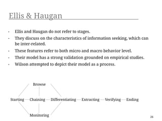Ellis & Haugan
-     Ellis and Haugan do not refer to stages.
-     They discuss on the characteristics of information seeking, which can
      be inter-related.
-     These features refer to both micro and macro behavior level.
-     Their model has a strong validation grounded on empirical studies.
-     Wilson attempted to depict their model as a process.



                Browse



    Starting   Chaining     Differentiating   Extracting   Verifying   Ending



               Monitoring                                                       26
 
