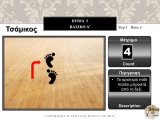 C O P Y R I G H T ® A P O L L O N D A N C E S T U D I O
BHMA 5
ΒΑΣΙΚΟ A’ Step 5 Basic a’
Μέτρημα
Περιγραφή
Description
• Το αριστερό πόδι
πατάει μπροστά
από το δεξί.
Count
4
Τσάμικος
 