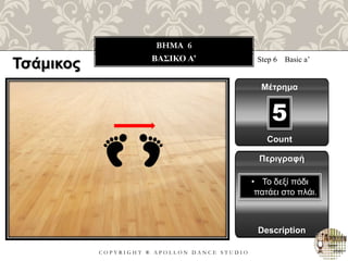 C O P Y R I G H T ® A P O L L O N D A N C E S T U D I O
BHMA 6
ΒΑΣΙΚΟ A’ Step 6 Basic a’
Μέτρημα
Περιγραφή
Description
• Το δεξί πόδι
πατάει στο πλάι.
Count
5
Τσάμικος
 
