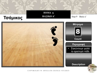 C O P Y R I G H T ® A P O L L O N D A N C E S T U D I O
BHMA 9
ΒΑΣΙΚΟ Α’ Step 9 Basic a’
Μέτρημα
8
Περιγραφή
Description
• Σηκώνουμε ψηλά
το αριστερό πόδι.
Count
Τσάμικος
 