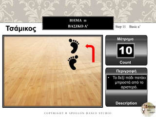 C O P Y R I G H T ® A P O L L O N D A N C E S T U D I O
BHMA 11
ΒΑΣΙΚΟ Α’ Step 11 Basic a’
Μέτρημα
10
Περιγραφή
Description
• Το δεξί πόδι πατάει
μπροστά από το
αριστερό.
Count
Τσάμικος
 