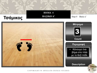 C O P Y R I G H T ® A P O L L O N D A N C E S T U D I O
BHMA 4
ΒΑΣΙΚΟ A’ Step 4 Basic a’
Μέτρημα
Περιγραφή
Description
• Κάνουμε ένα
βήμα στο πλάι
με το δεξί πόδι.
Count
3
Τσάμικος
 