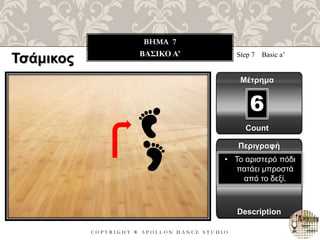 C O P Y R I G H T ® A P O L L O N D A N C E S T U D I O
BHMA 7
ΒΑΣΙΚΟ Α’ Step 7 Basic a’
Μέτρημα
6
Περιγραφή
Description
• Το αριστερό πόδι
πατάει μπροστά
από το δεξί.
Count
Τσάμικος
 