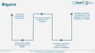 Ιούλιος 2024 Σχεδιασμός και υλοποίηση No-Code μηχανισμού για τη δημιουργία και εφαρμογή
πολιτικών ασφαλείας σε εφαρμογές παραγόμενες από την πλατφόρμα WABLI
Θεόδωρος Τσαμπούρης
Βήματα
Υλοποίηση
Authentication
μηχανισμού
Αλλαγές στον κώδικα
που παράγεται από το
WABLI
Εφαρμογή και δοκιμή
του μηχανισμού σε μία
εφαρμογή η οποία έχει
παραχθεί με το WABLI
Υλοποίηση μηχανισμού
σχεδιασμού των
πολιτικών
Υλοποίηση μηχανισμού
αξιολόγησης των
αιτημάτων πρόσβασης
20
 