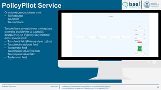 Ιούλιος 2024 Σχεδιασμός και υλοποίηση No-Code μηχανισμού για τη δημιουργία και εφαρμογή
πολιτικών ασφαλείας σε εφαρμογές παραγόμενες από την πλατφόρμα WABLI
Θεόδωρος Τσαμπούρης
PolicyPilot Service
Οι πολιτικές αποτελούνται από:
• Το Resource
• To Action
• Τα conditions
Τα conditions αποτελούνται από σχέσεις
οι οποίες συνδέονται με λογικούς
συντελεστές. Οι σχέσεις ενός condition
αποτελούνται από:
• To subject field (Μόνο η κύρια σχέση)
• Το subject’s attribute field
• Το operator field
• Το compare value type field
• Το compare value field
• Το decision field
35
 