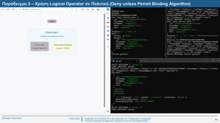 Ιούλιος 2024 Σχεδιασμός και υλοποίηση No-Code μηχανισμού για τη δημιουργία και εφαρμογή
πολιτικών ασφαλείας σε εφαρμογές παραγόμενες από την πλατφόρμα WABLI
Θεόδωρος Τσαμπούρης
Παράδειγμα 2 – Χρήση Logical Operator σε Πολιτική (Deny unless Permit Binding Algorithm)
44
 