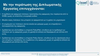 Ιούλιος 2024 Σχεδιασμός και υλοποίηση No-Code μηχανισμού για τη δημιουργία και εφαρμογή
πολιτικών ασφαλείας σε εφαρμογές παραγόμενες από την πλατφόρμα WABLI
Θεόδωρος Τσαμπούρης
Με την περάτωση της Διπλωματικής
Εργασίας επιτυγχάνονται:
• Η σχεδίαση και εφαρμογή πολιτικών προστασίας στις εφαρμογές που παράγονται από το
WABLI χωρίς να απαιτείται η συγγραφή κώδικα
• Μεγάλο εύρος πολιτικών που μπορούν να εφαρμοστούν με τη χρήση του μηχανισμού
• Η ενημέρωση των πολιτικών γίνεται εύκολα και γρήγορα χωρίς να επηρεάζεται η
λειτουργικότητα της εφαρμογής
• Σχεδιάστηκε και υλοποιήθηκε η υπηρεσία PolicyPilot, υπεύθυνη για το σχεδιασμό των
πολιτικών για τις εφαρμογές χωρίς να χρειάζεται αλλαγή και διαμόρφωση για κάποια από
αυτές
• Σχεδιάστηκε και υλοποιήθηκε η υπηρεσία Policy Server, υπεύθυνη για την αξιολόγηση όλων
των αιτημάτων πρόσβασης που συμβαίνουν στις εφαρμογές χωρίς να χρειάζεται αλλαγή και
διαμόρφωση για κάποια από αυτές
47
 