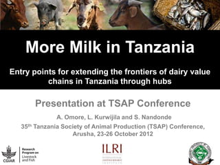 More Milk in Tanzania
Entry points for extending the frontiers of dairy value
chains in Tanzania through hubs

Presentation at TSAP Conference
A. Omore, L. Kurwijila and S. Nandonde
35th Tanzania Society of Animal Production (TSAP) Conference,
Arusha, 23-26 October 2012

 