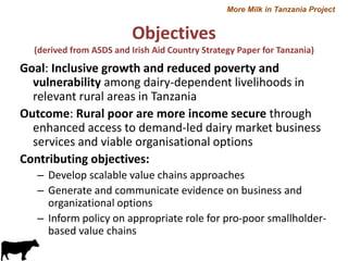 More Milk in Tanzania Project

Objectives
(derived from ASDS and Irish Aid Country Strategy Paper for Tanzania)

Goal: Inclusive growth and reduced poverty and
vulnerability among dairy-dependent livelihoods in
relevant rural areas in Tanzania
Outcome: Rural poor are more income secure through
enhanced access to demand-led dairy market business
services and viable organisational options
Contributing objectives:
– Develop scalable value chains approaches
– Generate and communicate evidence on business and
organizational options
– Inform policy on appropriate role for pro-poor smallholderbased value chains

 