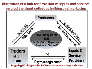 Illustration of a hub for provision of inputs and services
on credit without collective bulking and marketing

Producers

BASIC Dairy Market
Hub
for Provision of Inputs and
Services on Check-off

Traders
Milk
Cattle

$$
Payment agreement

Inputs &
Service
Providers

Targeting 50 villages with 8000 cattle keepers across 4 districts

 