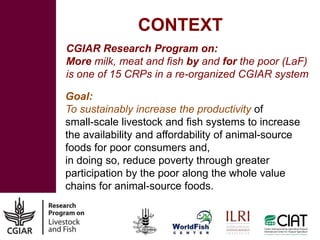 CONTEXT
CGIAR Research Program on:
More milk, meat and fish by and for the poor (LaF)
is one of 15 CRPs in a re-organized CGIAR system
Goal:
To sustainably increase the productivity of
small-scale livestock and fish systems to increase
the availability and affordability of animal-source
foods for poor consumers and,
in doing so, reduce poverty through greater
participation by the poor along the whole value
chains for animal-source foods.

 