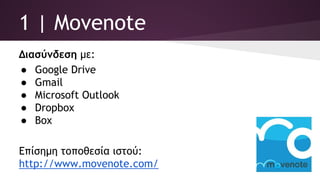 1 | Movenote
Διασύνδεση με:
● Google Drive
● Gmail
● Microsoft Outlook
● Dropbox
● Box
Επίσημη τοποθεσία ιστού:
http://www.movenote.com/
 