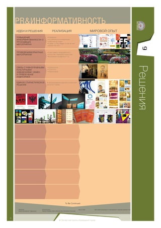 PR&ИНФОРМАТИВНОСТЬ
     ПОВЫШЕНИЕ                              • facebook
     ИНФОРМИРОВАННОСТИ О                    постоянное анонсирование
     ПРОХОДЯЩИХ                             «события на слуху»
                                            • связь с «The village» «Look at me»
     МЕРОПРИЯТИХ
                                            «afisha» «f5» «БГ»




                                                                                                                                                                 9
     ПРОВЕДЕНИЕФОРМАТНЫХ                    • фестиваль ландшафтного
     МЕРОПРИЯТИЙ                            искусства, парковое искусство
                                            •джазовые концерты и т.д




                                                                                                                                                               Решения
     СВЯЗЬ С РАВНОПРАВНЫМИ                  • Бахрушина
     КУЛЬТУРНЫМИ                            • Толстого
     ЗАВЕДЕНИЯМИ. ОБМЕН                     • Ярмоловой
     И ПРИВЛЕЧЕНИЕ
     АУДИТОРИЕЙ

     ЕДИНОЕ СТИЛИСТИЧЕСКОЕ                 • формирование единой стилистики
     РЕШЕНИЕ                               для всего парка.




                                                                      To Be Continued


      Заказчик:                     Исполнители:                                         август 2012   Все права защищены и принадлежат команде разработчико
      музей-заповденик “Царицыно”   Карина Ивлева, Ирина Михайлова, Екатерина Тульская
14




                                                             © Экспертная группа «Изумрудный город»
 