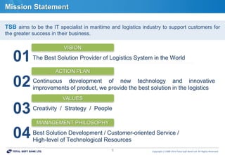Copyrightⓒ1988-2014 Total Soft Bank Ltd. All Rights Reserved.5
Mission Statement
TSB aims to be the IT specialist in maritime and logistics industry to support customers for
the greater success in their business.
The Best Solution Provider of Logistics System in the World
Continuous development of new technology and innovative
improvements of product, we provide the best solution in the logistics
Creativity / Strategy / People
Best Solution Development / Customer-oriented Service /
High-level of Technological Resources
01
ACTION PLAN
MANAGEMENT PHILOSOPHY
02
03
04
VISION
VALUES
 