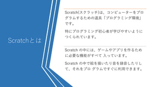 ScratchȤ
Scratch(å)ϡԥ``ץ
ह뤿εߡץߥ󥰭h
Ǥ
ؤ˥ץߥ󥰳ߤ?ѧ?䤹褦
ĤƤޤ
Scratch Фˤϡ`䥢ץ뤿
˱ҪʙCܤ?? äƤޤ
Scratch Фǽ}褤hꤷ
ơץ Ǥ?äǤޤ
 
