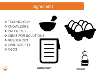 ingredients
 TECHNOLOGY
 KNOWLEDGE
 PROBLEMS
 IDEAS FOR SOLUTIONS
 RESOURCES
 CIVIL SOCIETY
 NGOS
 