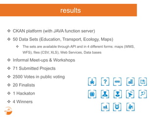 results
 CKAN platform (with JAVA function server)
 50 Data Sets (Education, Transport, Ecology, Maps)
 The sets are available through API and in 4 different forms: maps (WMS,
WFS), files (CSV, XLS), Web Services, Data bases
 Informal Meet-ups & Workshops
 71 Submitted Projects
 2500 Votes in public voting
 20 Finalists
 1 Hackaton
 4 Winners
 