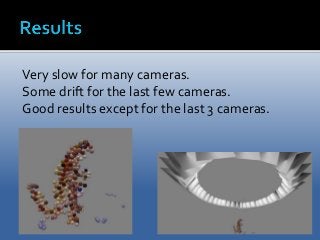 Very slow for many cameras. 
Some drift for the last few cameras. 
Good results except for the last 3 cameras. 
