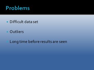  Difficult data set 
 Outliers 
 Long time before results are seen 
 