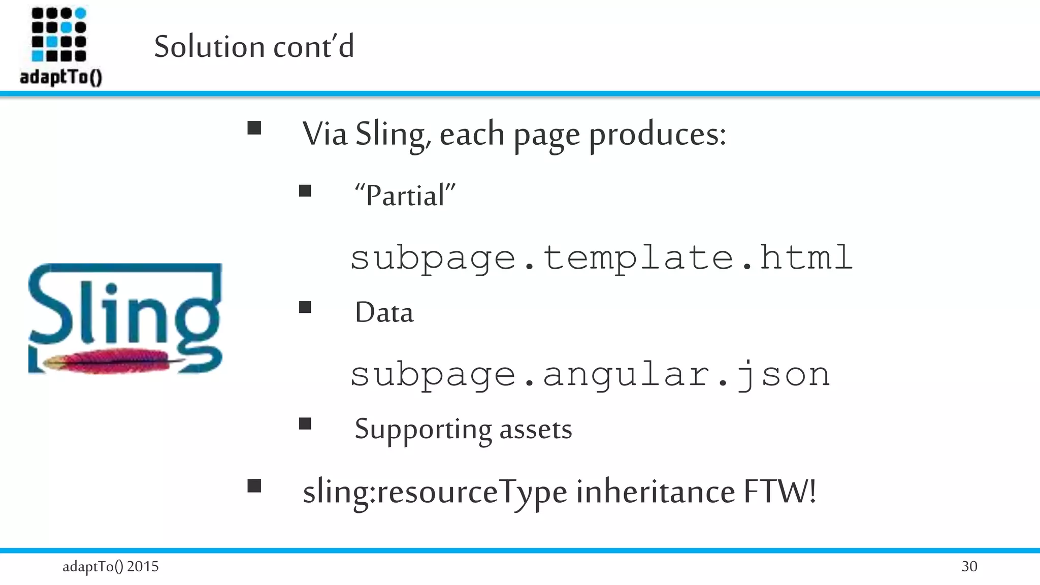 Solution cont’d
adaptTo()2015 30
 Via Sling, each page produces:
 “Partial”
subpage.template.html
 Data
subpage.angular.json
 Supporting assets
 sling:resourceType inheritanceFTW!
 