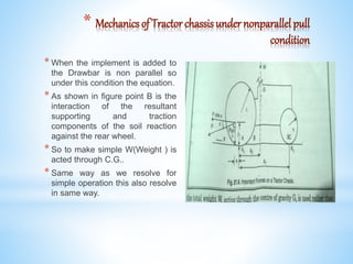 * Mechanics of Tractor chassis under nonparallel pull
condition
* When the implement is added to
the Drawbar is non parallel so
under this condition the equation.
* As shown in figure point B is the
interaction of the resultant
supporting and traction
components of the soil reaction
against the rear wheel.
* So to make simple W(Weight ) is
acted through C.G..
* Same way as we resolve for
simple operation this also resolve
in same way.
 