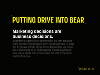 PUTTING DRIVE INTO GEAR
Marketing decisions are
business decisions.
A company’s success comes from making the right decisi...
