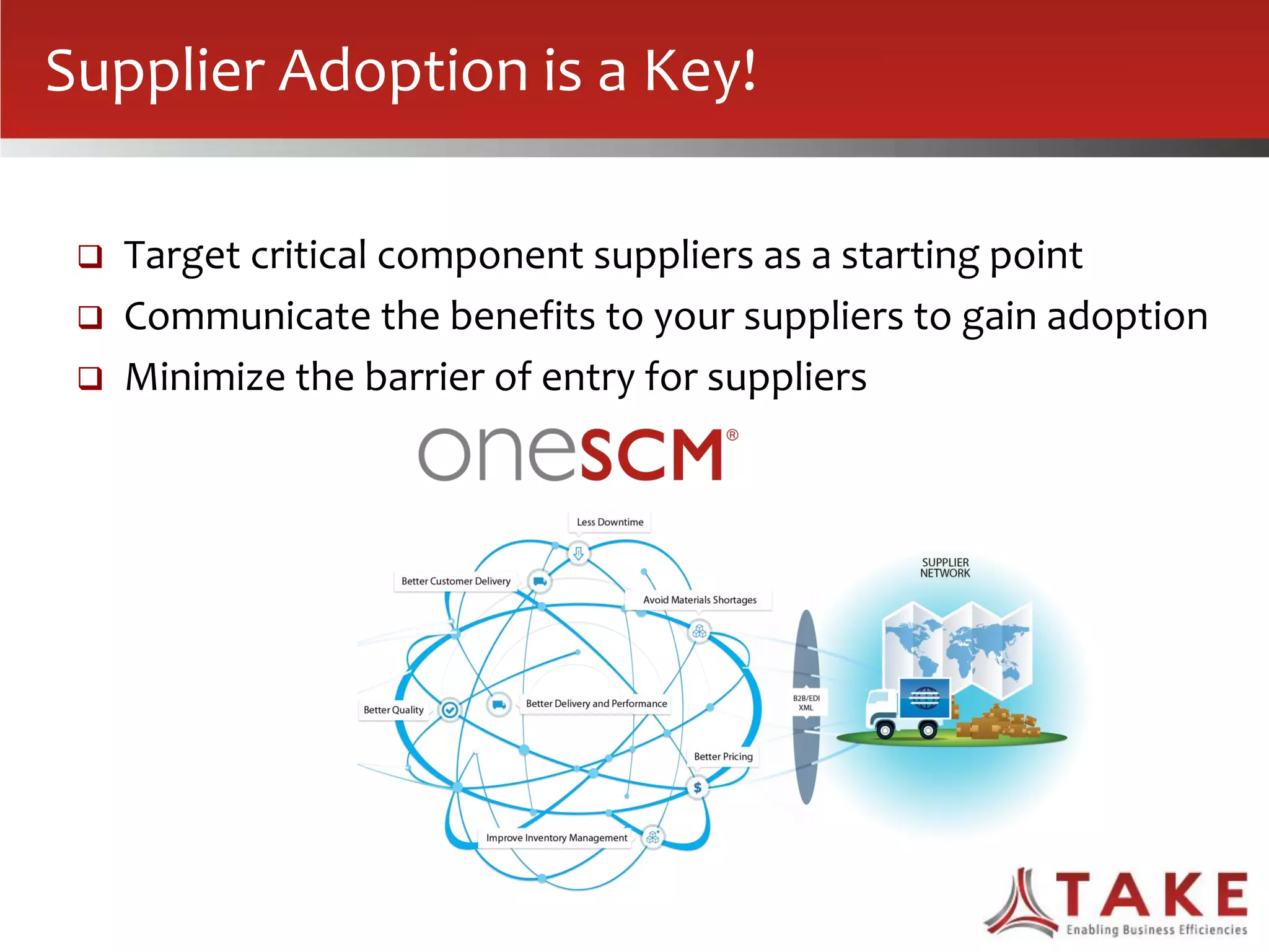 Supplier Adoption is a Key!
 Target critical component suppliers as a starting point
 Communicate the benefits to your suppliers to gain adoption
 Minimize the barrier of entry for suppliers
 