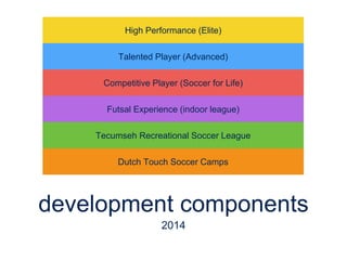 High Performance (Elite) 
Talented Player (Advanced) 
Competitive Player (Soccer for Life) 
Futsal Experience (indoor leag...
