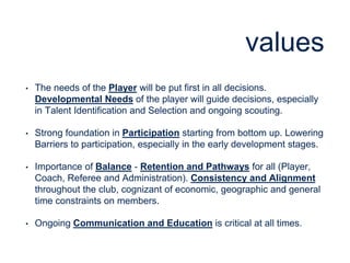 values 
• The needs of the Player will be put first in all decisions. 
Developmental Needs of the player will guide decisi...
