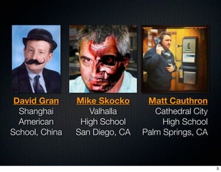 David Gran     Mike Skocko      Matt Cauthron
  Shanghai         Valhalla        Cathedral City
  American       High School         High School
School, China   San Diego, CA   Palm Springs, CA



                                                    5
 