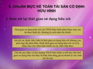 3..Xem xét lại thời gian sử dụng hữu ích

     Thời gian sử dụng hữu ích của TSCĐ hữu hình phải được xem xét
              lại theo định kỳ, thường là cuối năm tài chính


     khi đã xác định chắc chắn là thời gian sử dụng hữu ích không còn
      phù hợp thì phải điều chỉnh thời gian sử dụng hữu ích và tỷ lệ
             khấu hao cho năm hiện hành và các năm tiếp theo

     Chế độ sửa chữa và bảo dưỡng TSCĐ hữu hình có thể kéo dài thời
    gian sử dụng hữu ích thực tế hoặc làm tăng giá trị thanh lý ước tính
                                của tài sản
 