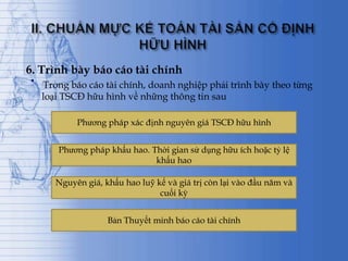 6. Trình bày báo cáo tài chính
.   Trong báo cáo tài chính, doanh nghiệp phải trình bày theo từng
    loại TSCĐ hữu hình về những thông tin sau

            Phương pháp xác định nguyên giá TSCĐ hữu hình


       Phương pháp khấu hao. Thời gian sử dụng hữu ích hoặc tỷ lệ
                              khấu hao

       Nguyên giá, khấu hao luỹ kế và giá trị còn lại vào đầu năm và
                                 cuối kỳ


                    Bản Thuyết minh báo cáo tài chính
 