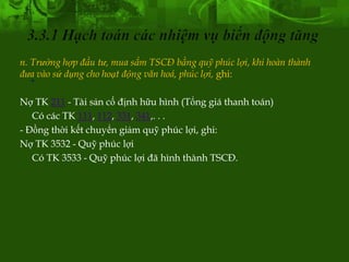 n. Trường hợp đầu tư, mua sắm TSCĐ bằng quỹ phúc lợi, khi hoàn thành
   .
đưa vào sử dụng cho hoạt động văn hoá, phúc lợi, ghi:

Nợ TK 211 - Tài sản cố định hữu hình (Tổng giá thanh toán)
   Có các TK 111, 112, 331, 341,. . .
- Đồng thời kết chuyển giảm quỹ phúc lợi, ghi:
Nợ TK 3532 - Quỹ phúc lợi
   Có TK 3533 - Quỹ phúc lợi đã hình thành TSCĐ.
 