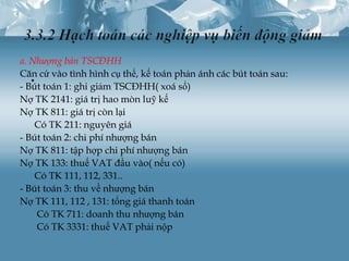 a. Nhượng bán TSCĐHH
   .
Căn cứ vào tình hình cụ thể, kế toán phản ánh các bút toán sau:
- Bút toán 1: ghi giảm TSCĐHH( xoá sổ)
Nợ TK 2141: giá trị hao mòn luỹ kế
Nợ TK 811: giá trị còn lại
    Có TK 211: nguyên giá
- Bút toán 2: chi phí nhượng bán
Nợ TK 811: tập hợp chi phí nhượng bán
Nợ TK 133: thuế VAT đầu vào( nếu có)
    Có TK 111, 112, 331..
- Bút toán 3: thu về nhượng bán
Nợ TK 111, 112 , 131: tổng giá thanh toán
     Có TK 711: doanh thu nhượng bán
     Có TK 3331: thuế VAT phải nộp
 