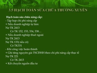 Hạch toán sửa chữa nâng cấp:
   .
- Tập hợp chi phí nâng cấp
+ Nếu doanh nghiệp tự làm:
Nợ TK 2413
     Có TK 152, 153, 334, 338…
+ Nếu doanh nghiệp thuê ngoài
Nợ TK 2413
Nợ TK 133( nếu có)
     Có TK331
- Khi công việc hoàn thành
+ Ghi tăng nguyên giá TSCĐHH theo chi phí nâng cấp thực tế
Nợ TK 221
     Có TK 2413
+ Kết chuyển nguồn đầu tư
 
