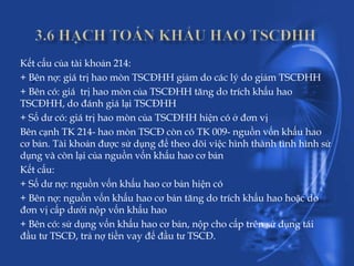 Kết cấu của tài khoản 214:
   .
+ Bên nợ: giá trị hao mòn TSCĐHH giảm do các lý do giảm TSCĐHH
+ Bên có: giá trị hao mòn của TSCĐHH tăng do trích khấu hao
TSCĐHH, do đánh giá lại TSCĐHH
+ Số dư có: giá trị hao mòn của TSCĐHH hiện có ở đơn vị
Bên cạnh TK 214- hao mòn TSCĐ còn có TK 009- nguồn vốn khấu hao
cơ bản. Tài khoản được sử dụng để theo dõi việc hình thành tình hình sử
dụng và còn lại của nguồn vốn khấu hao cơ bản
Kết cấu:
+ Số dư nợ: nguồn vốn khấu hao cơ bản hiện có
+ Bên nợ: nguồn vốn khấu hao cơ bản tăng do trích khấu hao hoặc do
đơn vị cấp dưới nộp vốn khấu hao
+ Bên có: sử dụng vốn khấu hao cơ bản, nộp cho cấp trên sử dụng tái
đầu tư TSCĐ, trả nợ tiền vay để đầu tư TSCĐ.
 